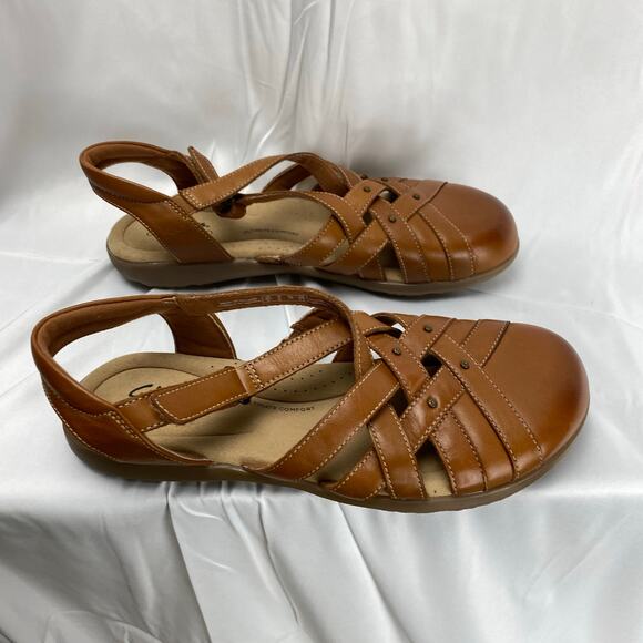 Clarks Collection Women's Comfort Fisherman Sandals Tan Leather Size 8  L:9.5" - Picture 6 of 14